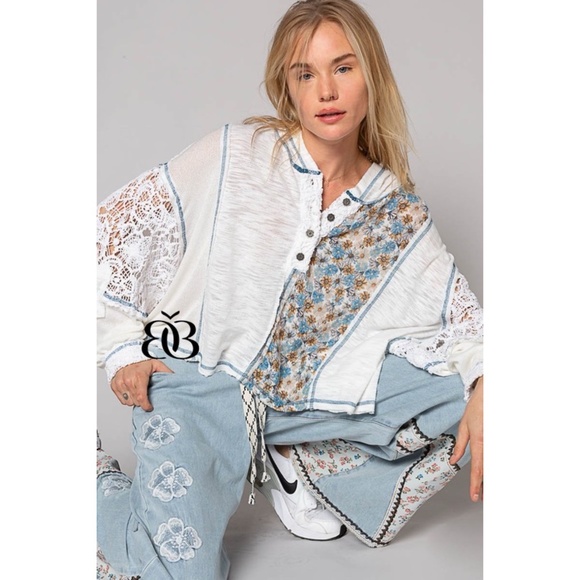 POL Ivory & Blue Floral Panel Lace Detail Half Button Hoodie Oversized - Picture 3 of 9